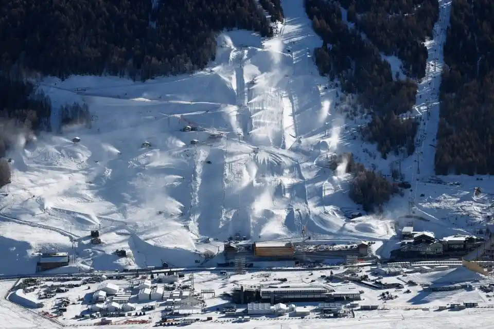 Snow-covered ski slopes and Olympic venues in Cortina d’Ampezzo, Italy