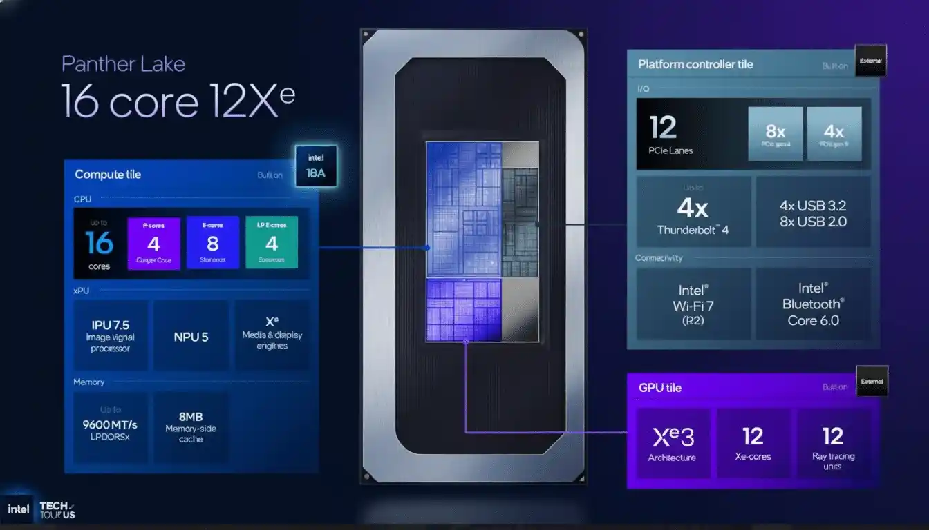 Diagram showcasing Intel Panther Lake 16-core architecture with Xe3 GPU, NPU, and platform controller specifications.