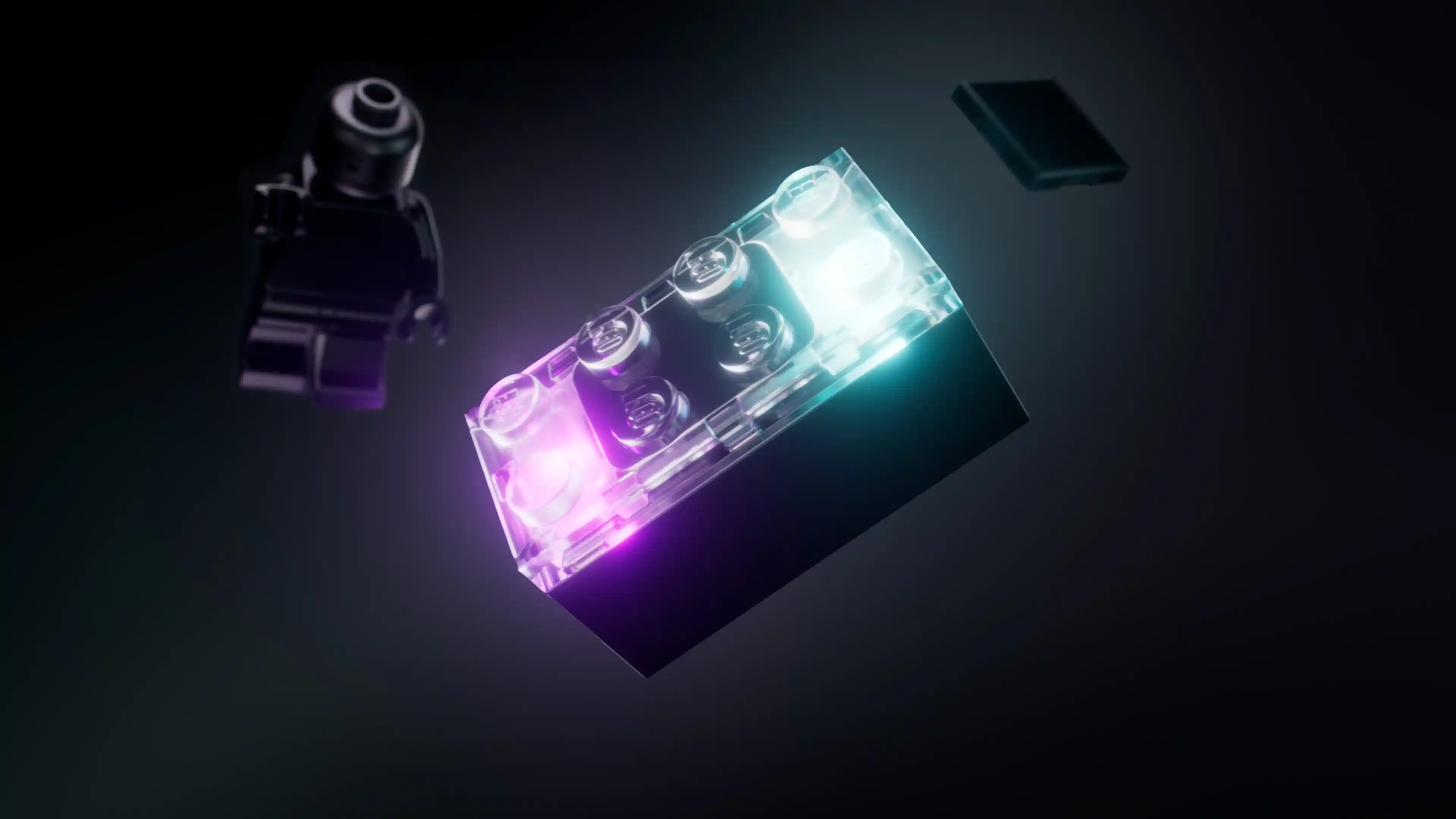 Close-up of illuminated Lego Smart Brick with internal lighting