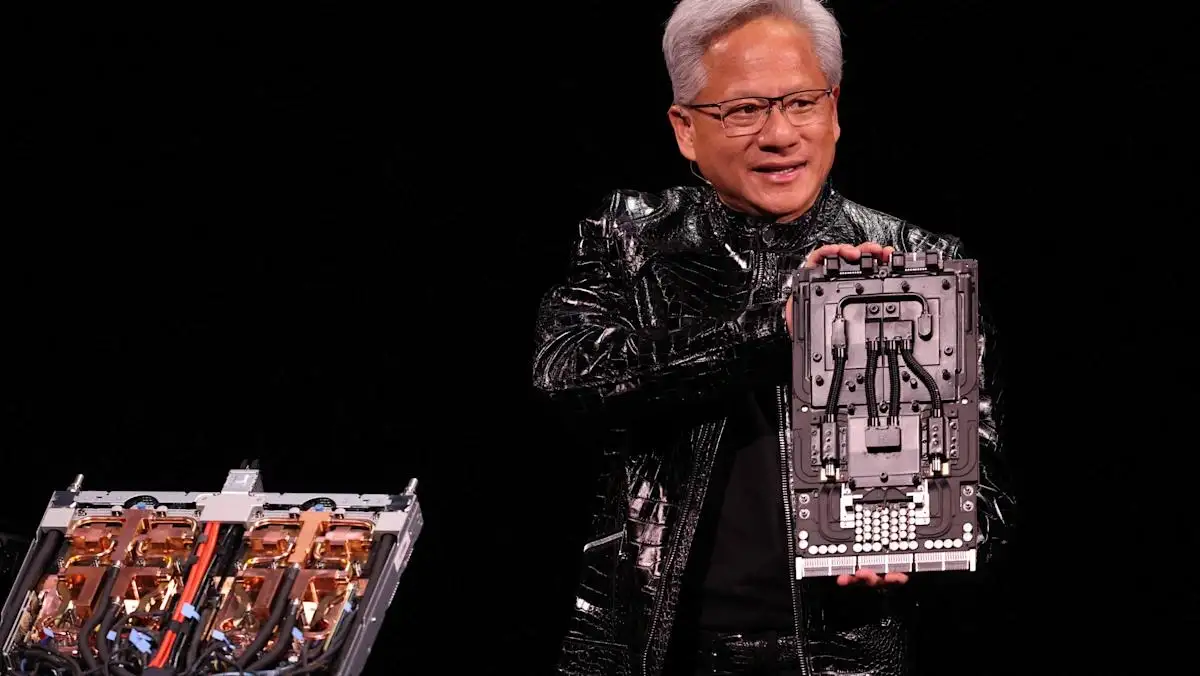 Nvidia CEO Jensen Huang holds a Vera Rubin AI computing module during a CES 2026 presentation.