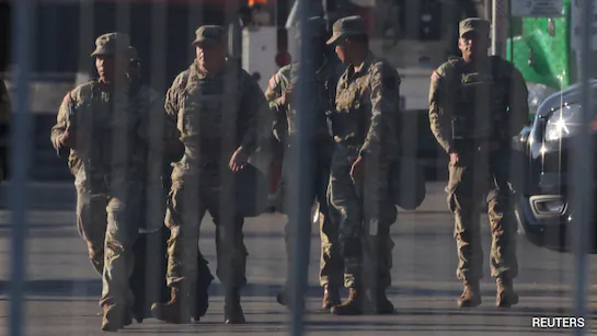 U.S. National Guard soldiers walking in formation