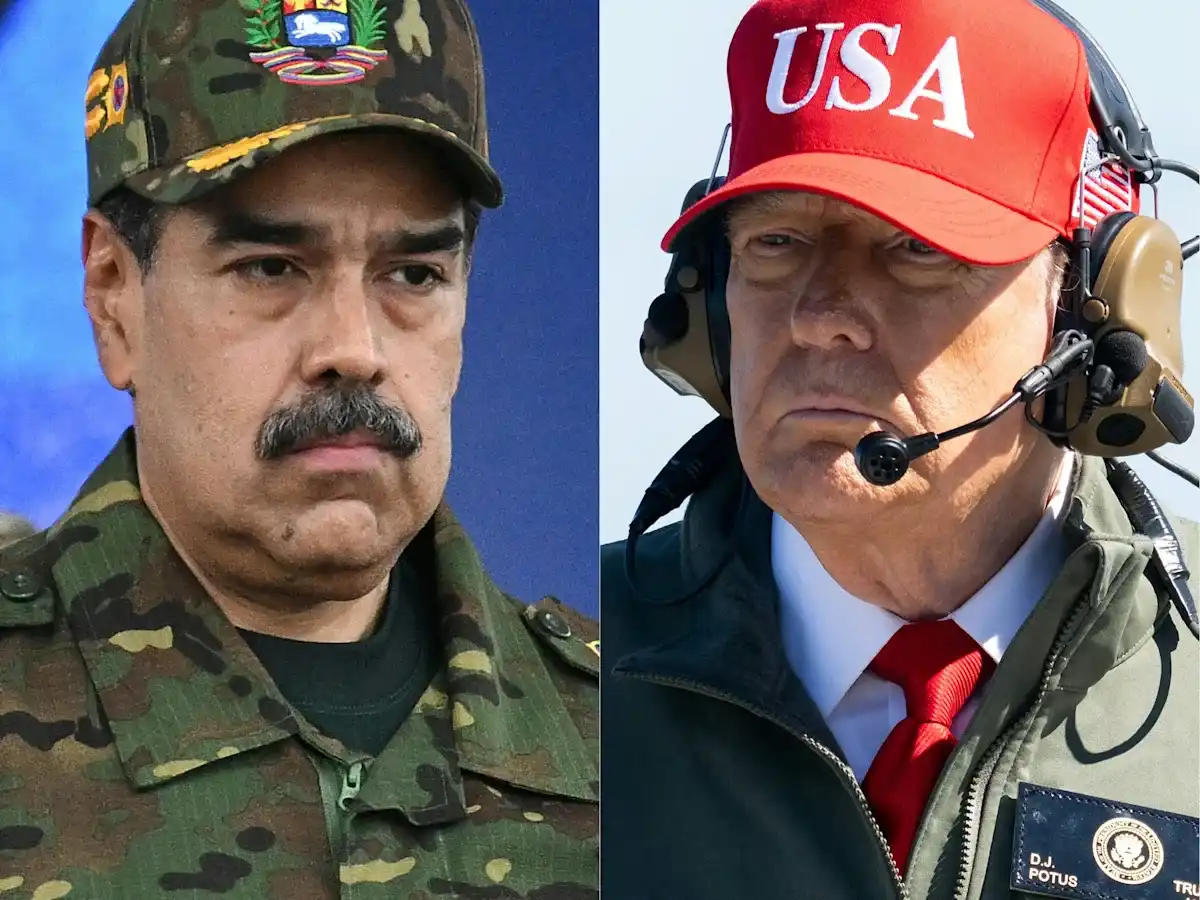 Split image of Nicolás Maduro and U.S. President Donald Trump, both in military attire.